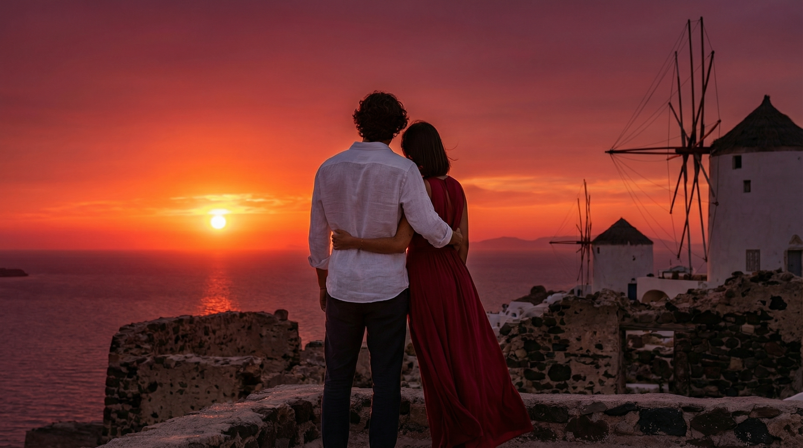 Couple watching sunset from Byzantine Castle ruins with Oia windmills silhouetted against crimson sky