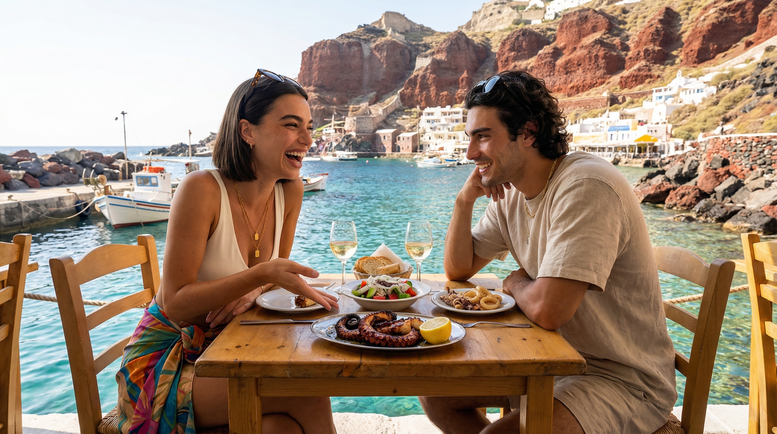 Couple laughing over grilled octopus and Greek salad at Ammoudi Bay waterfront taverna, Santorini
