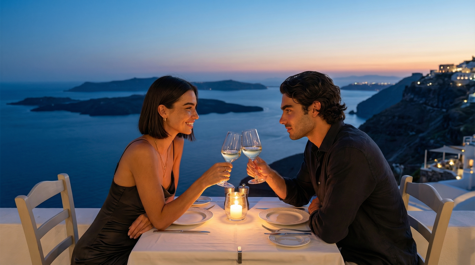 Couple having romantic cliffside dinner at twilight overlooking Santorini caldera