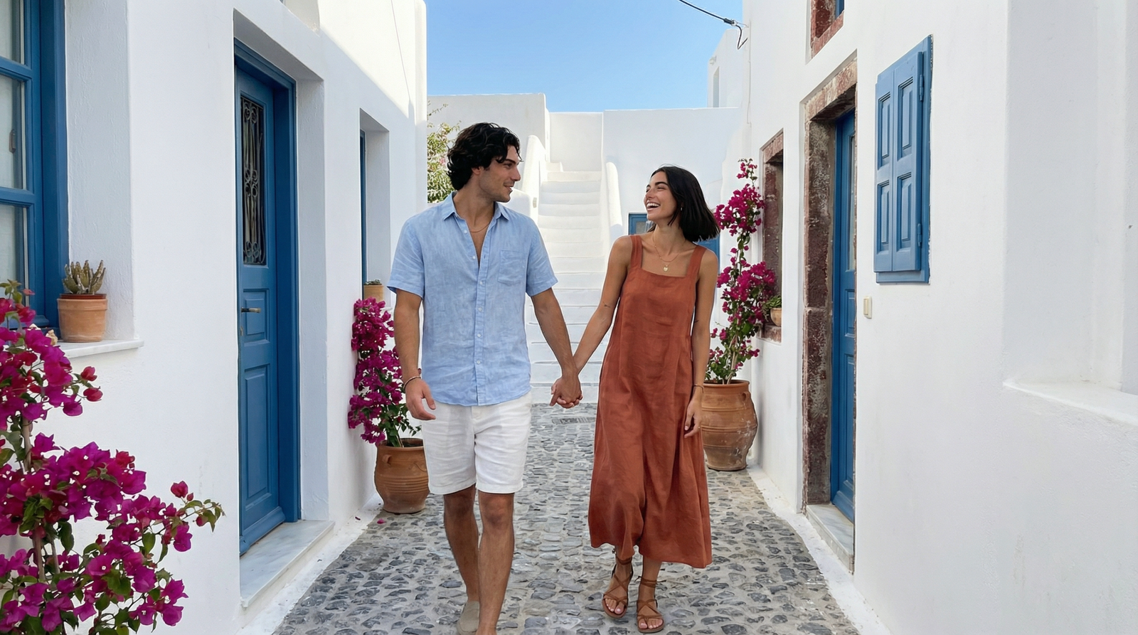 Couple walking through Finikia village cobblestone lane near Oia, Santorini