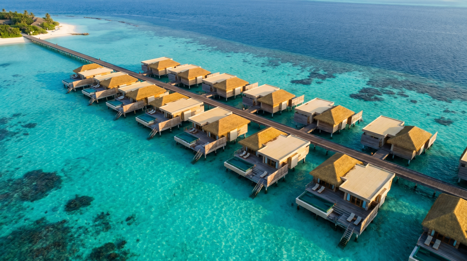 Maldives overwater villas aerial view at golden hour