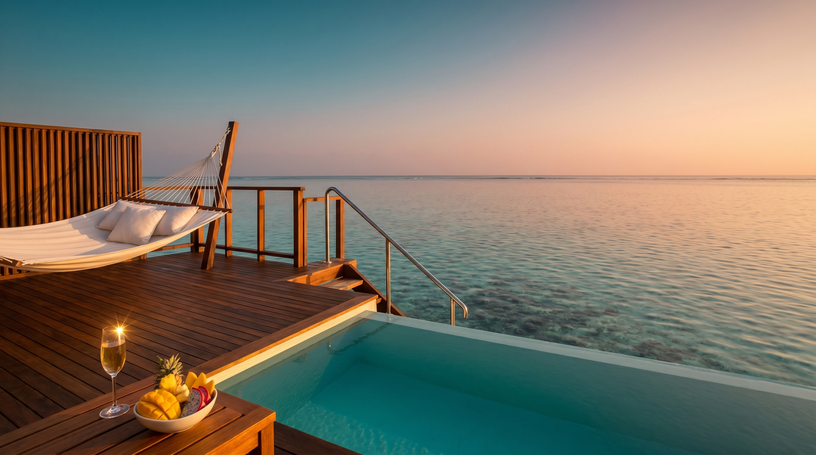 Overwater villa private deck at sunset in the Maldives — daybed, infinity pool, turquoise lagoon below