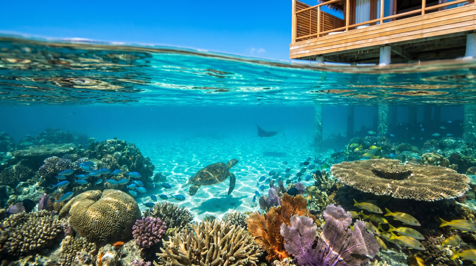 Clear Maldives lagoon above coral reef with tropical fish — snorkelling perspective