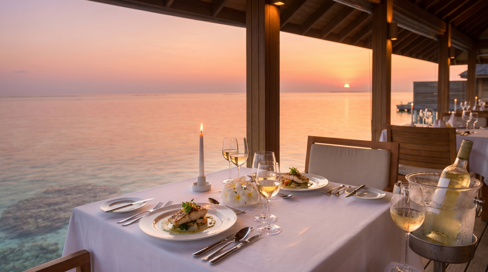 Overwater restaurant table at sunset — plated fresh seafood, champagne, lagoon view, warm golden light