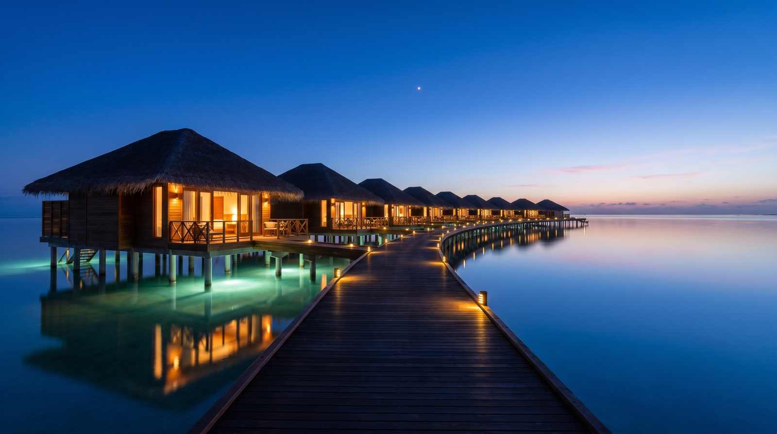 Maldives lagoon at blue hour — overwater villas glowing warm from inside, perfectly still turquoise water, darkening sky